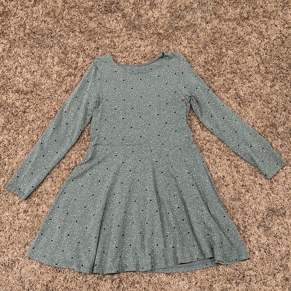 H&M Everyday Dress Girls Sage Green Long Sleeve Dotted Hearts Size 6/8